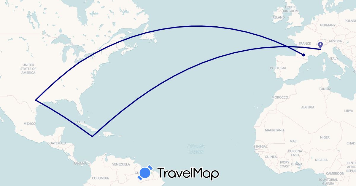 TravelMap itinerary: driving in France, Italy, Jamaica, United States (Europe, North America)